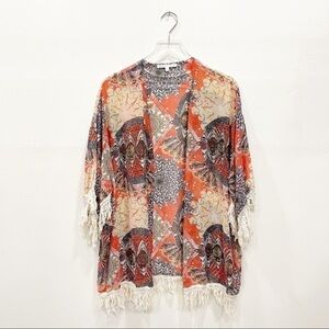 Daniel Rainn Printed Fringe Kimono Top Lightweight Bohemian Festival M/L Beach